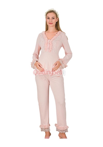 Lady Bebe Pembe Renkli Dantel Detaylı 33208 Uzun Kol 2 Parça Lohusa Hamile Pijama Takımı Açık Pembe