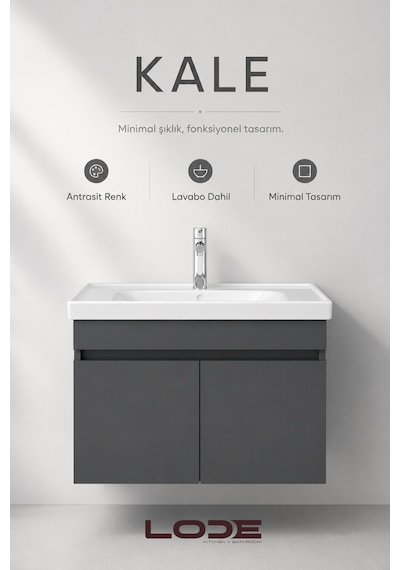 Lode Bath Kale Antrasit Demonte Lavabolu Alt Banyo Dolabı, Seramik Lavabo Dahil 80 Cm