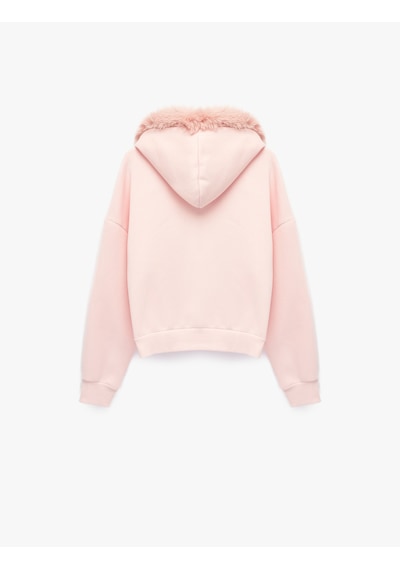 Koton Şardonlu Cepli Rahat Kalıp Uzun Kollu Fermuarlı Suni Kürk Kapüşonlu Sweatshirt Pembe 7wal10302ık Gülkurusu