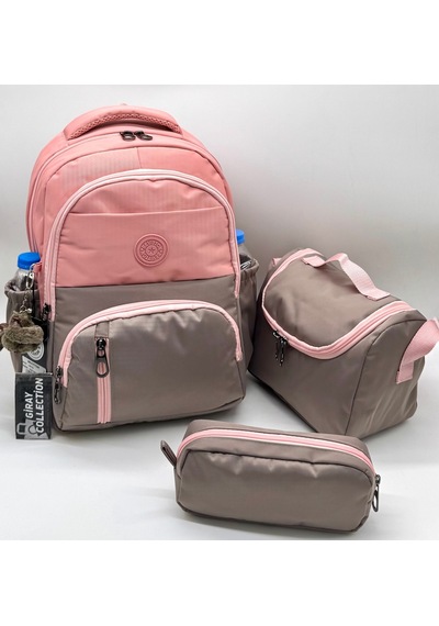 İlk Okul Çantası 3'lü Seti Unisex Çocuk İlkokul Çantası Gry-8010 Pudra-vizon Fuşya