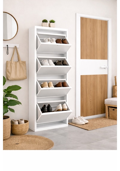 Avenza Living Kilitli 4 Kapaklı Metal Ayakkabılık - Beyaz Beyaz