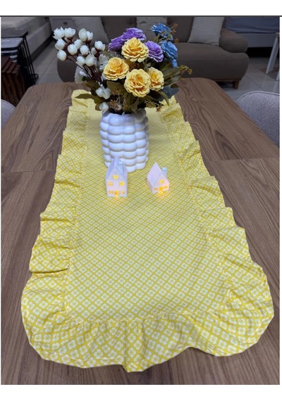 Vintage Duck Keten Sarı Çiçekli Fırfırlı Oval Runner 40 X 140 Cm Sarı