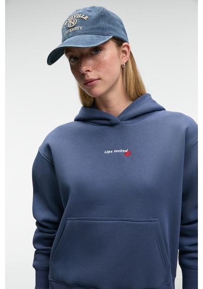 ETHIQUET ME UREA Kadın Nakışlı Kapüşonlu Comfort Fit Koyu Mavi Sweatshirt
