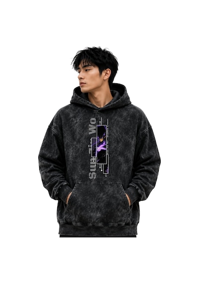 Sevbano Sung Jin Woo Solo Leveling Anime Baskılı Unisex Oversize Yıkamalı Siyah