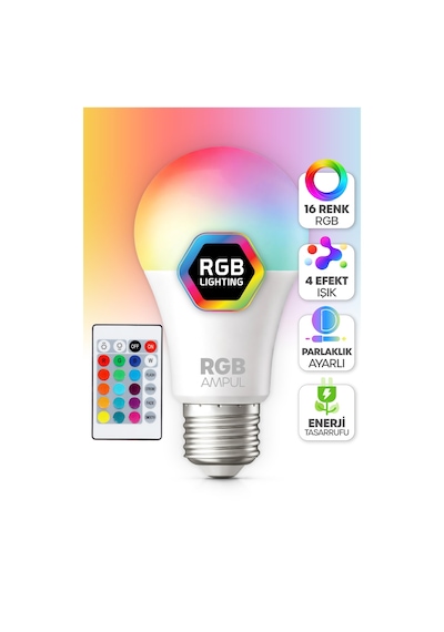 Kumandalı Rgb Renkli Led Ampul 9w E27 Parlaklık Renk Değiştiren Dimmerli Led Aydınlatma Lamba 1 Ad