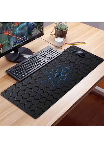 Sonictouch Mavi Siyah Altıgen Desenli Kaymaz Gaming Oyuncu Dikişsiz Klavye Mouse Pad 32x70cm