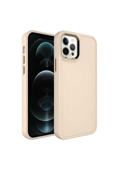 Apple Uyumlu iPhone 12 Pro Max Kılıf Metal Çerçeve Ve Buton Tasarımlı Sert Zore Botox Kapak Krem