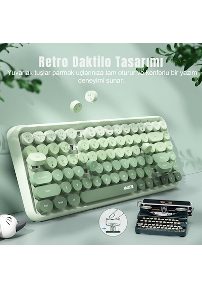 308ı Çok Renkli Daktilo Tarzı Vintage Kablosuz Klavye