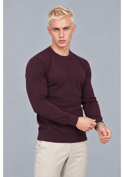 Hk Premium Erkek Fitilli Slim Fit Bisiklet Yaka Triko Kazak Bordo