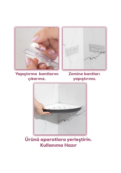 Porsima 0447 3'lü İstiridye Banyo Köşe Rafı Yapışkanlı Raf Antras Antrasit
