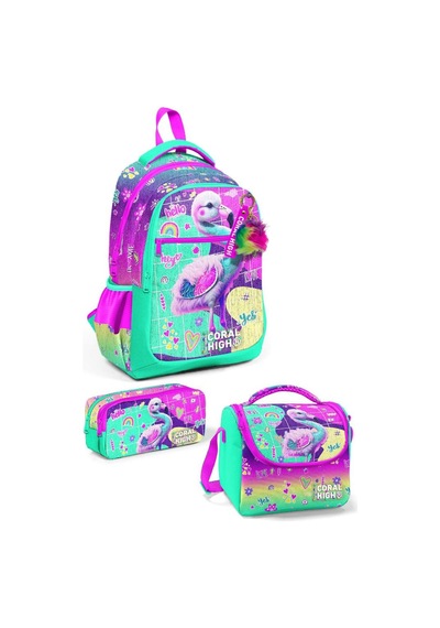 Coral High Kids Pembe Su Yeşili Flamingo Desenli 3 Lü Okul Çanta Seti Set0123647 Çok Renkli