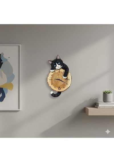 Cajuart Kütük Üzerinden Bakan Smokin Kedi Tasarımlı Duvar Saati Modern Dekoratif Saat Kahverengi