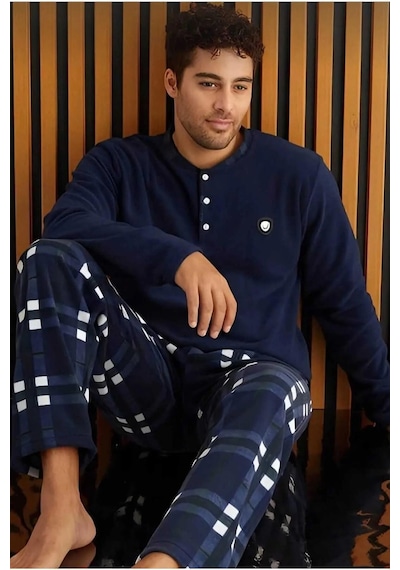 Pijamoni Erkek Düğme Yaka Kışlık Polar Pijama Takımı 6100/13 - 1 Adet Lacivert