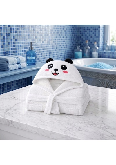 Hızlı Kurulayan Ve Üşütmeyen Doğal Pamuklu Kapüşonlu Çocuk Bornozu Sevimli Panda Serisi Beyaz