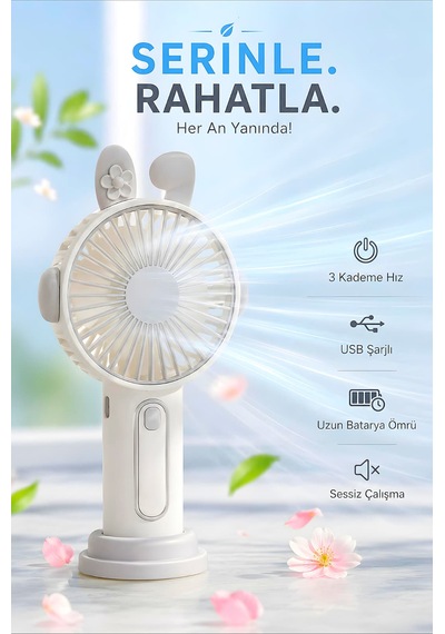 Şarjlı Taşınabilir Sevimli Kulak Tasarımlı Mini Fan 3 Kademeli Hız Telefon Standlı Vantilatör Gri