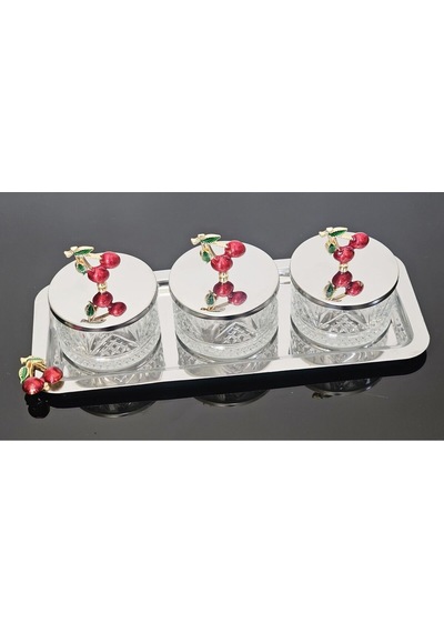 Atabey Home Collection 3'lü Kirazli Gümüş Tepsili Kase Seti & Şekerlik & Sunumluk & Çerezlik