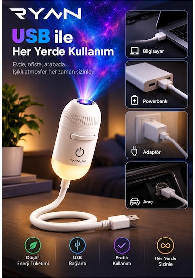 Usb Galaksi Projektör Led Gece Lambası 360 Ayarlanabilir 12 Filmli 2 Si 1 Arada Ambiyans Işık Beyaz