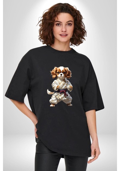 Cavailer King Charles Spaniel Karate Pamuklu Bisiklet Yaka Unisex Oversize Boyfriend Dijital Baskılı Siyah T-shirt Siyah