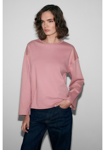 Grımelange Neat Kadın Organik Pamuklu Bisiklet Yaka Oversize Fit Uzun Kollu Pembe T-shirt Pembe