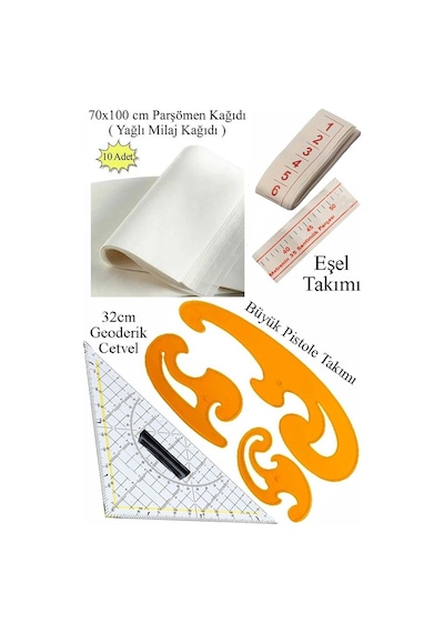 Geoderik Üçgen Cetvel 32cm Ve Pistole Cetvel Takımı Yağlı Parşömen Milaj Kağıdı Eşel Takımı Modalist Terzi Çizim Çok Renkli