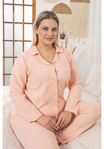 Büyük Beden Boydan Düğmeli Kaşkorse Kumaş Pijama Takımı Somon