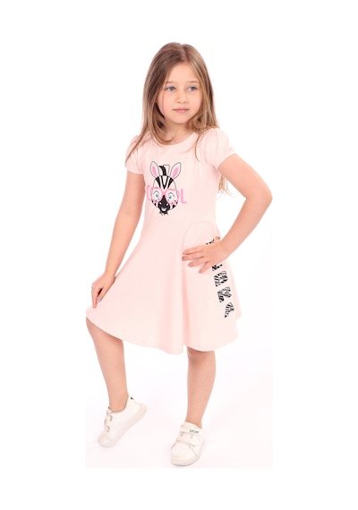 Toontoy Kız Çocuk Bisiklet Yaka Zebra Baskılı Elbise Pudra