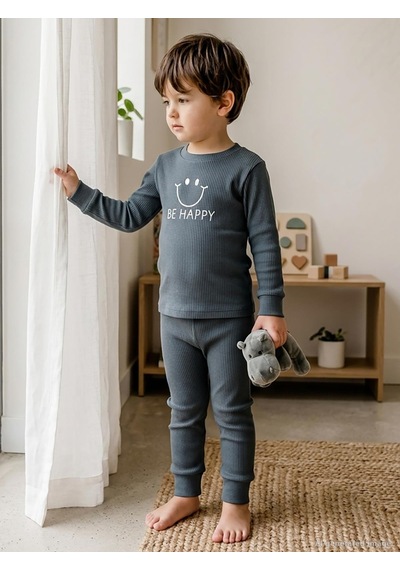 Minidamla Baby Minidamla Gülen Yüz Baskılı 1-6 Yaş Pijama Takımı - Gri Antrasit