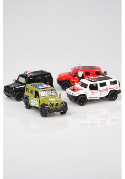 4'lü Die-cast Metal Oyuncak Araba Seti - Sesli Işıklı Çek Bırak İtfaiye Polis Ambulans Askeri Araç Çok Renkli