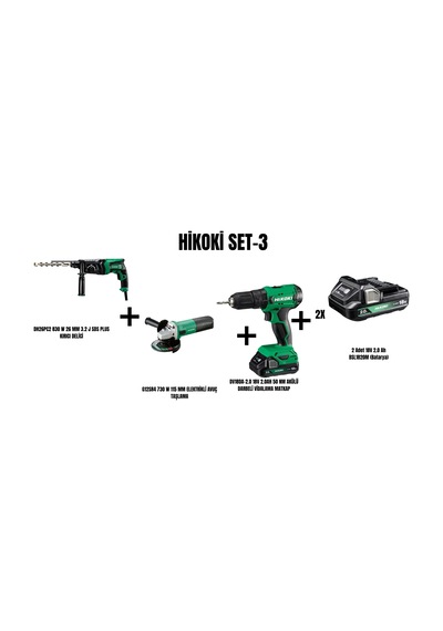 Hikoki Set-3 830W 26 MM 3.2J Sds Plus Kırıcı Delici + 730W 115 MM Elektrikli Avuç Taşlama + 50NM Akülü Darbeli Vidalama Matkap