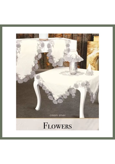 Bezos Flowers Model Krem 5 Parça Keten Dantelli Runner Seti Lüks Salon Takımı Bezos1