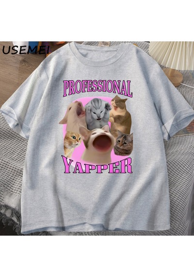Flood Of Style Professional Yapper Cat Graphic T Shirts Women Men Cotton Short Sleeve T-shirts Casual O Neck Gri
