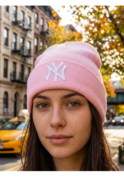 Hamze Ny New York Nakışlı Unisex Pamuklu Akrilik Kışlık Bere Açık Pembe