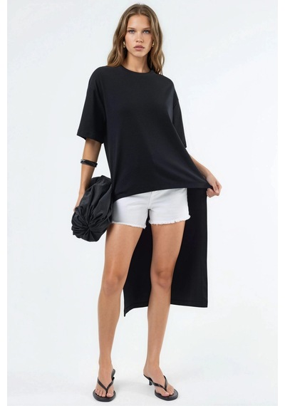 Hiccup Busem Yırtmaçlı Oversize Bisiklet Yaka Tunik Siyah