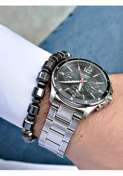 Casio Gümüş Renk Siyah Kadran Çelik Kordon   Fonksiyonlu Erkek Kol Saati + Bileklik Hediyeli Nda94