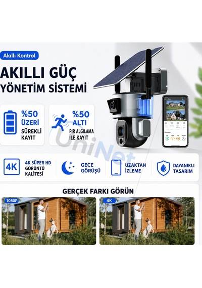 Uninet Solar Kamera 4g Sim Kartlı 2 Kameralı Dış Mekan Sirenli Ip Kamera