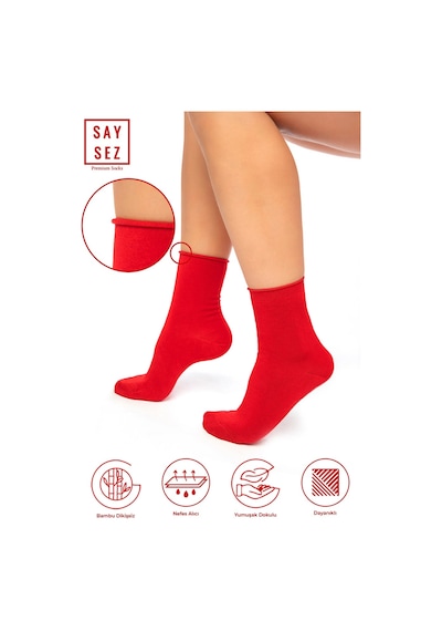 Saysez Bambu Kadın Lastiksiz Kırmızı Soket Dikişsiz Premium Çorap / Iz Bırakmaz / Sıkmayan Çorap Renkli