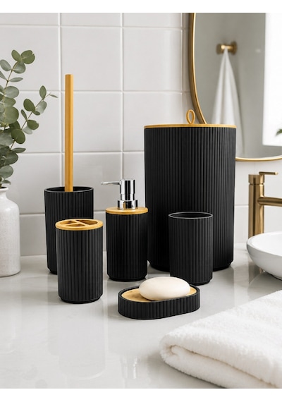 6 Lı Banyo Seti Sabunluk Diş Fırçalık Sıvı Sabunluk Çöp Kovası Tuvalet Fırçası Organizer Siyah