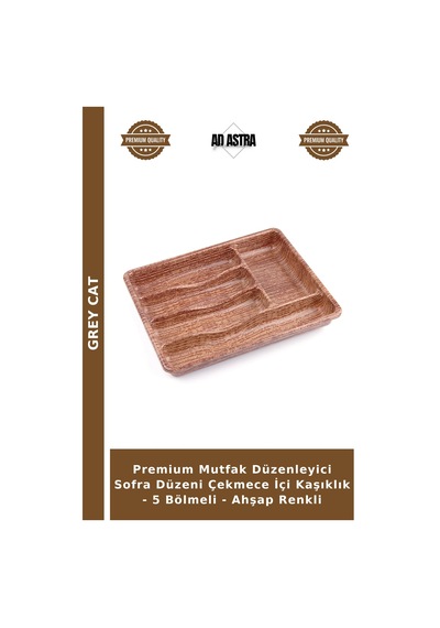 Premium Mutfak Düzenleyici Sofra Düzeni Çekmece İçi Kaşıklık - 5 Bölmeli - Ahşap Renkli