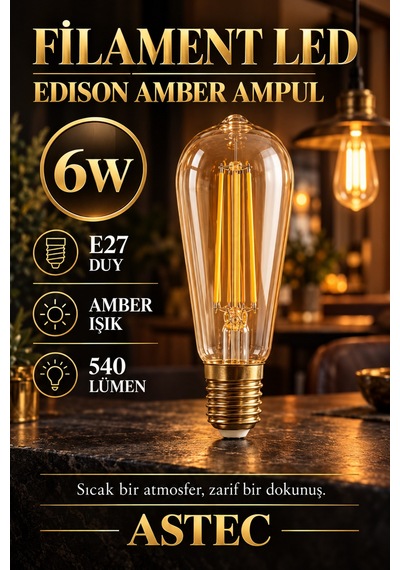 Astec E27 Edison 6 Watt Filament Ampul Amber Işık Dekoratif Ampul