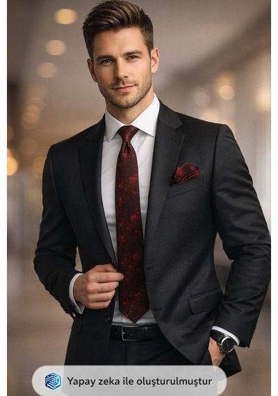 Gaffy Kırmızı Desenli Bordo Dokuma Kumaş Mendilli Slim Fit Kravat // Sdk-2613-4 Bordo