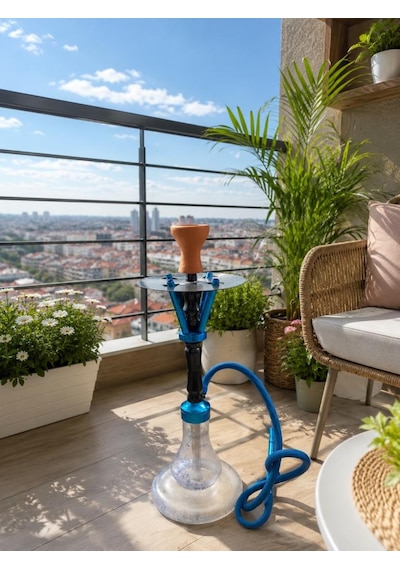 60 Cm Cam Hazneli Lüx Nargile Takımı Mavi Metal Gövdeli Modern Tasarım