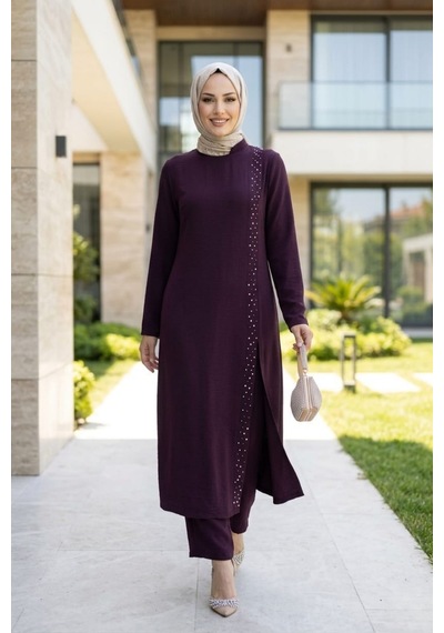 Hb Harma Time Butik Kadın İnci İşlemeli Bordo Tunik-pantolon İkili Takım