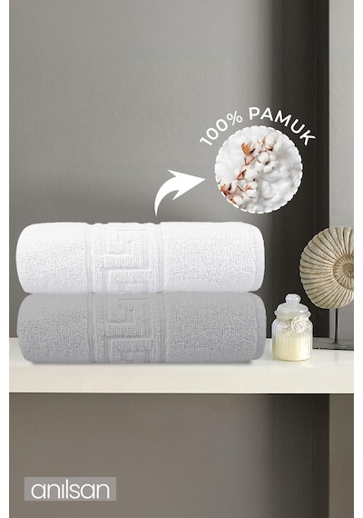 2'li Greek Gri-beyaz Banyo Havlusu - 70x140 Cm, 490 Gr, %100pamuk, Spa Ve Otel Havlusu, Günlük Kullanıma U Gri-Beyaz