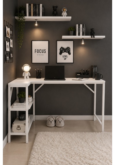 Beyaz L Masa, Kitaplıklı, Raflı, 120 Cm Çalışma Masası, Bilgisayar, Pc, Oyuncu, Gaming Masası Metal Ayaklı