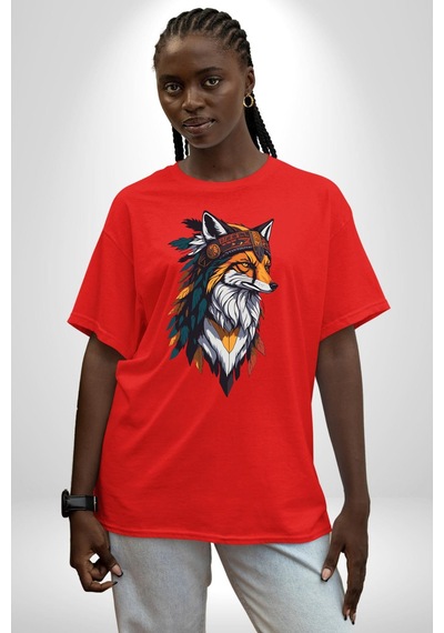 Kızılderili Tilki Pamuklu Bisiklet Yaka Unisex Oversize Boyfriend Dijital Baskılı Kırmızı T-shirt Kırmızı