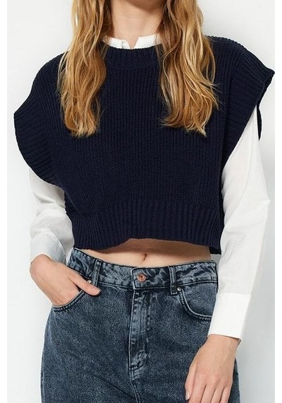 Ersefa Stil Modern Kadın Crop Standart Kol Bisiklet Yaka Triko Süveter Lacivert