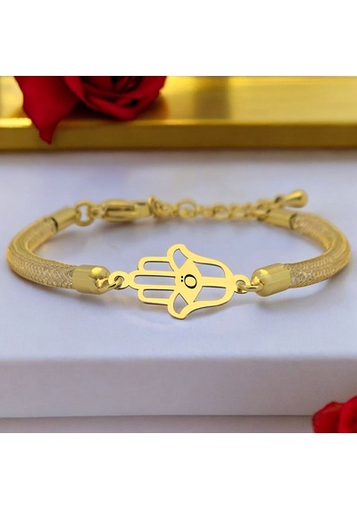 Ö Harfine Özel Hasır Kordonlu Hamsa Motifli 14 Ayar Altın Plakalı Hediye Bileklik-499harf Ö