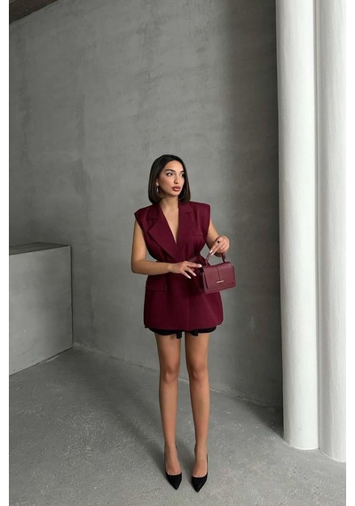 Myloore Kadın Bordo Kemerli Kolsuz Blazer Yelek Mlb153