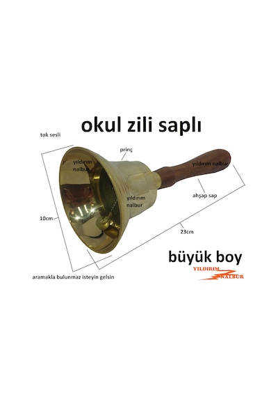 Okul El Zili Çanı Prinç Ahşap Sap Büyük Duble Boy Kalın Ses Tok S
