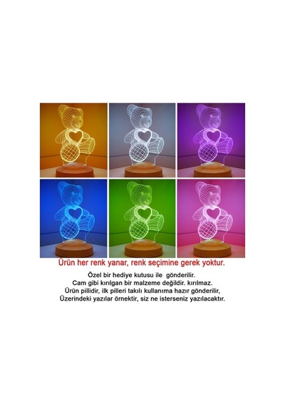 3D Led Lamba 3 Boyutlu Ayı Teddy Kişiye Özel Hediye Gecelambası